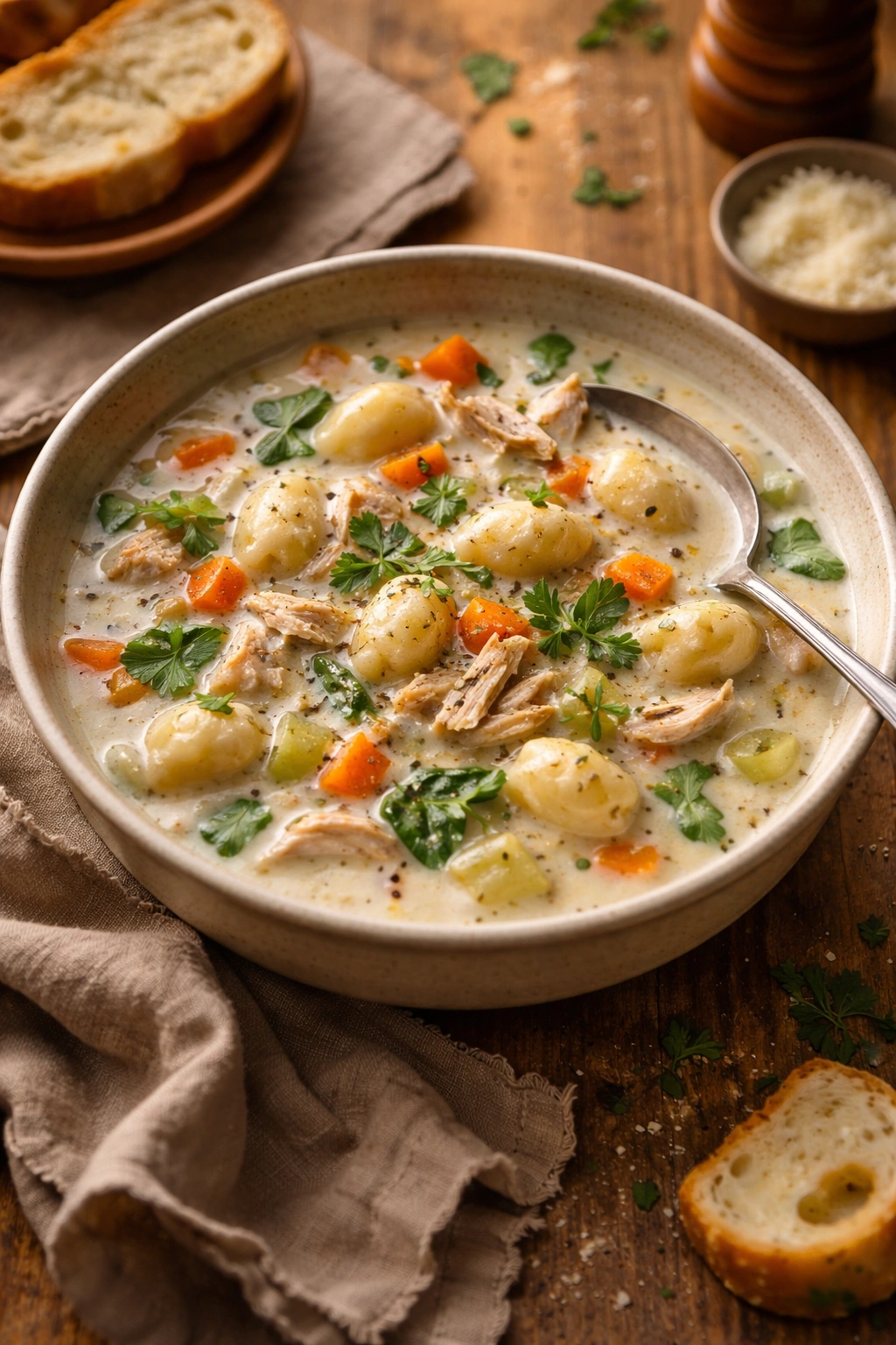 Creamy gnocchi chicken soup with pillowy gnocchi in a bowl.