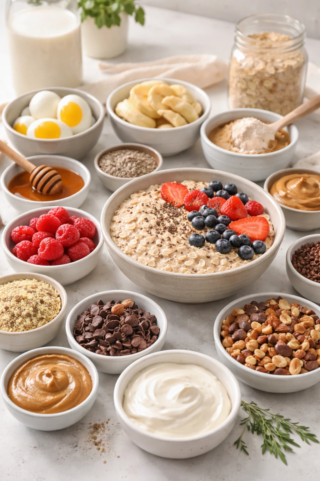 Overnight oats with visible toppings arranged around a bowl to suggest customization