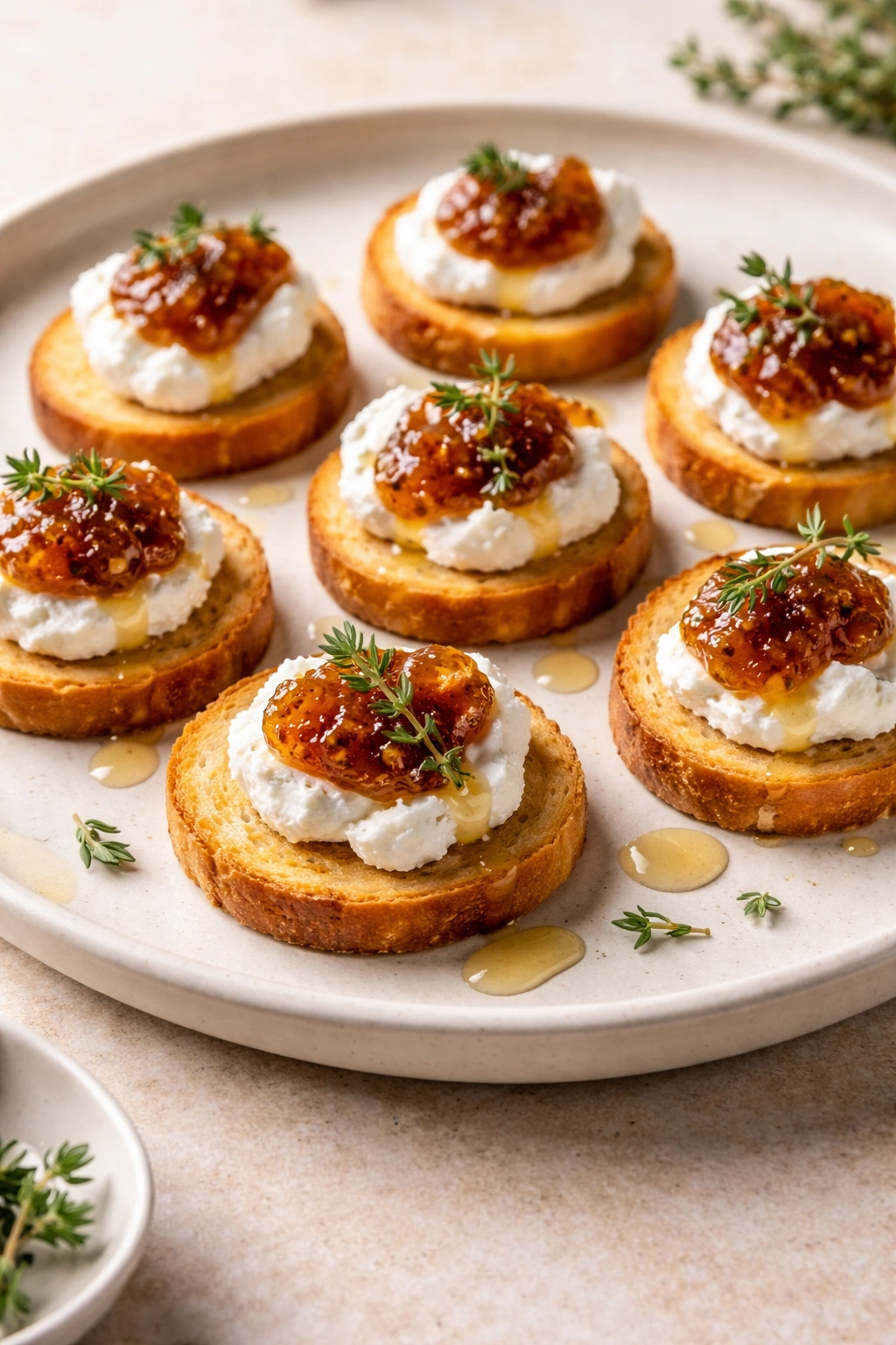 Close-up of goat cheese and fig jam bites on toasted bread with thyme and honey