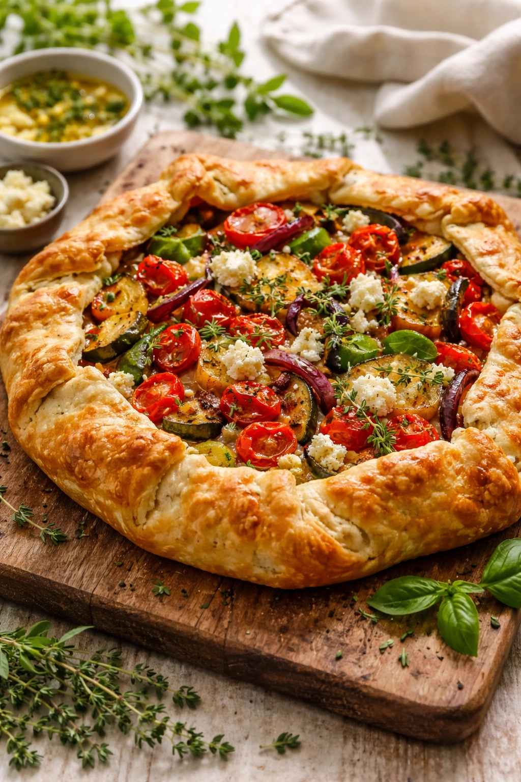Rustic galette with roasted vegetables and goat cheese
