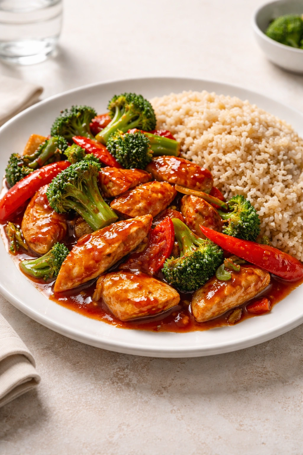 Close-up of Korean gochujang chicken stir-fry with brown rice on a plate
