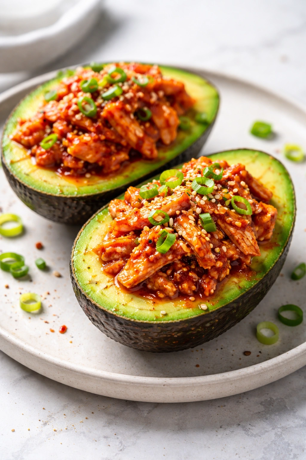 Gochujang chicken stuffed avocado halves