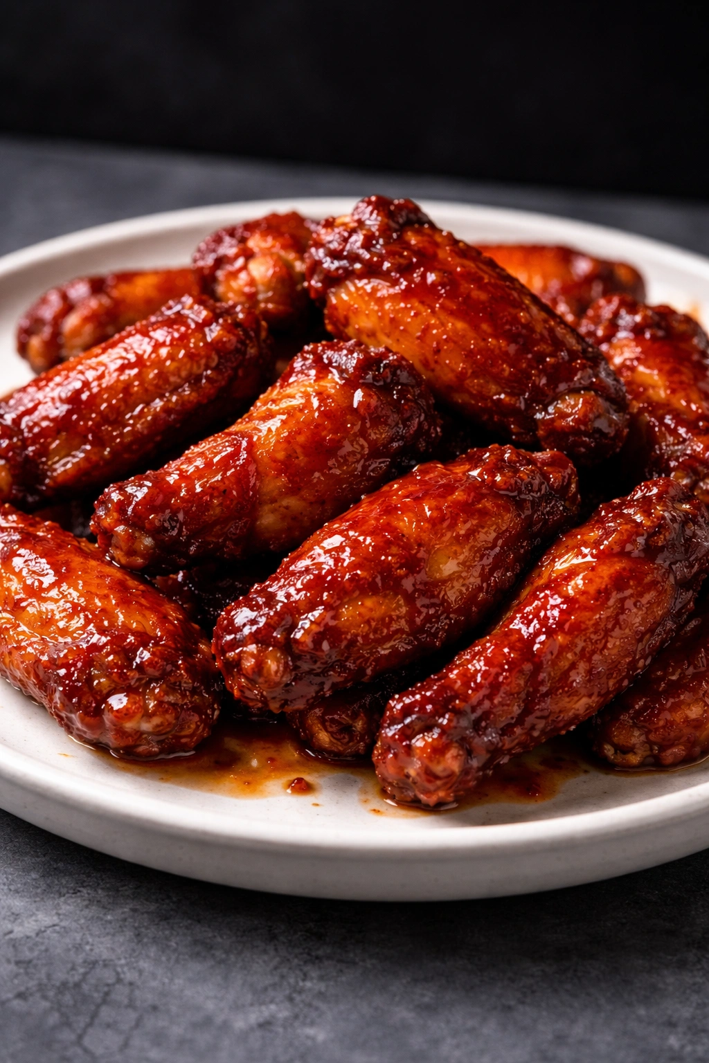 Gochujang glazed wings with deep red glossy coating