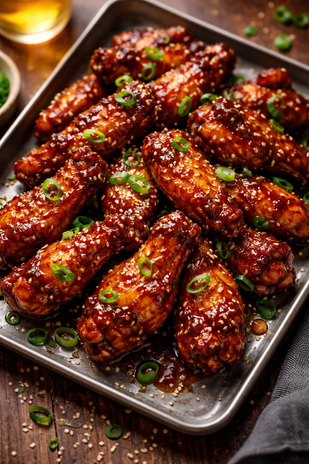 Sticky gochujang chicken wings with sesame and scallions on a tray