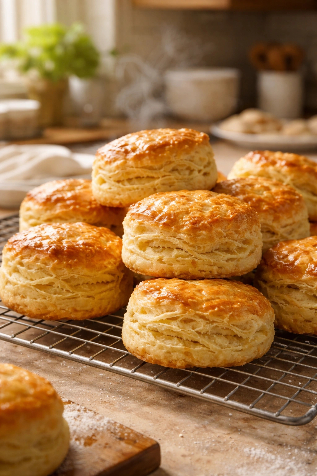 Fresh golden-brown biscuits cooling on a rack in warm kitchen light