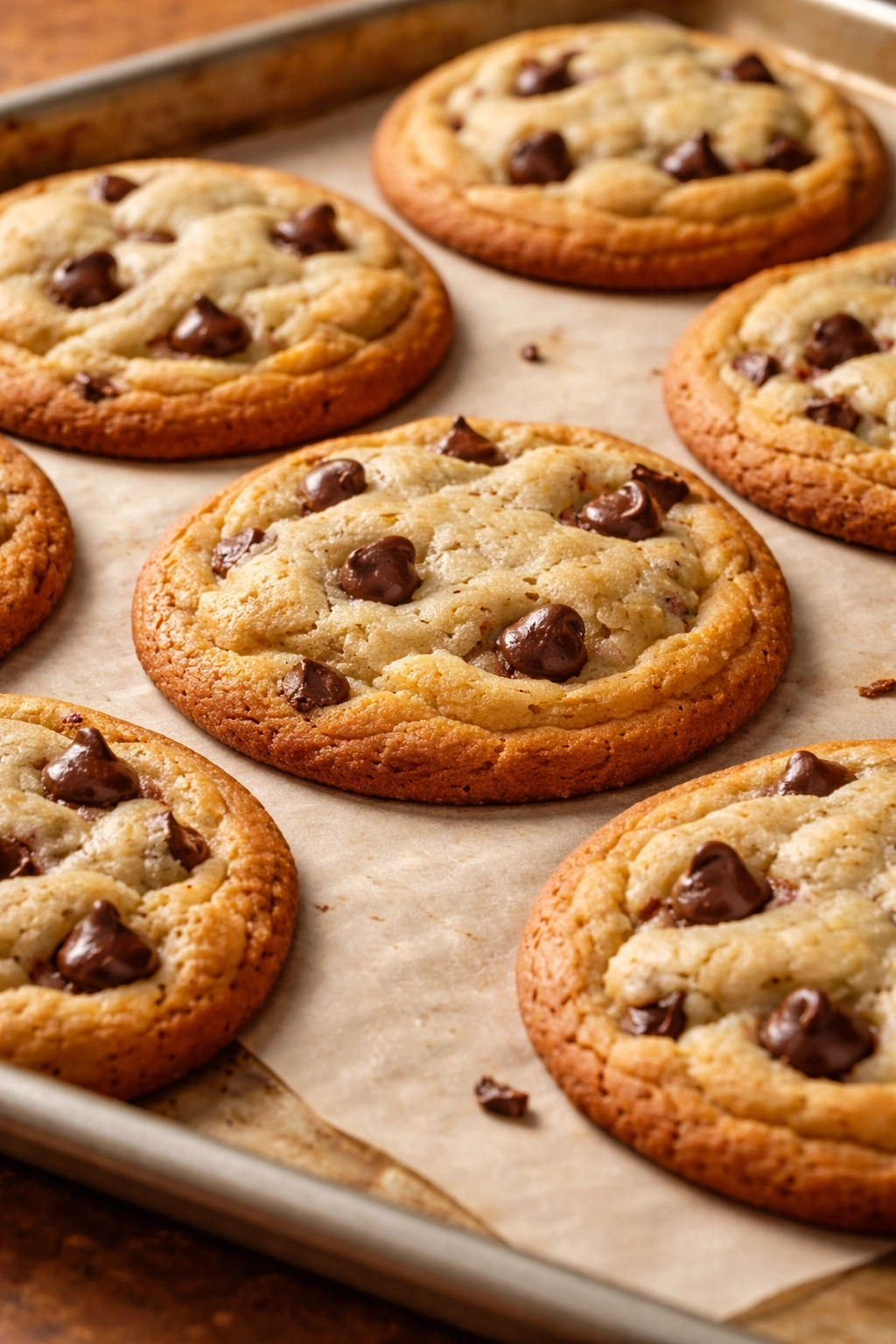 Close-up of cookies with golden-brown edges and soft centers.