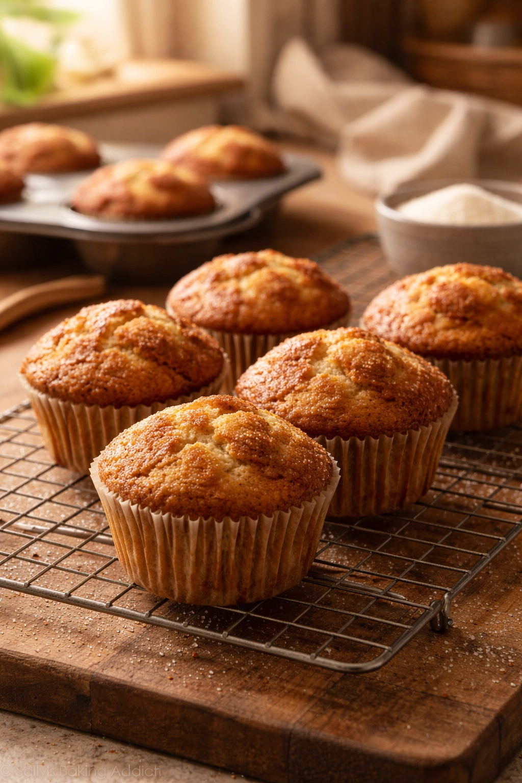 Muffins with deep golden-brown tops on a cooling rack