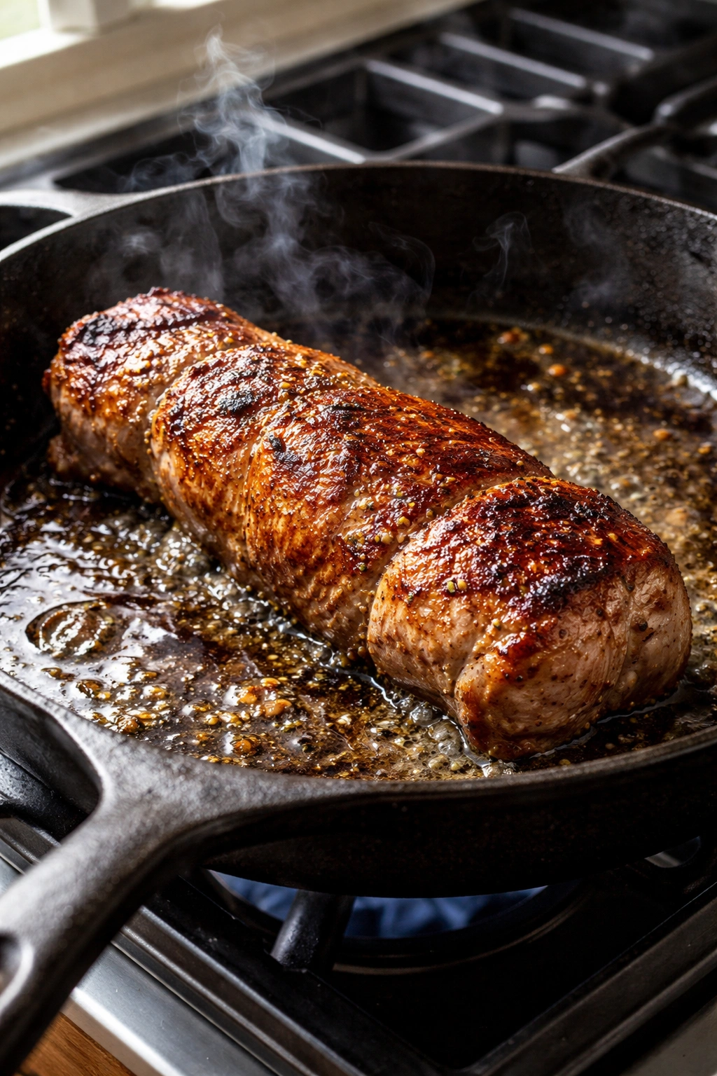Pork tenderloin searing with golden crust in cast iron skillet