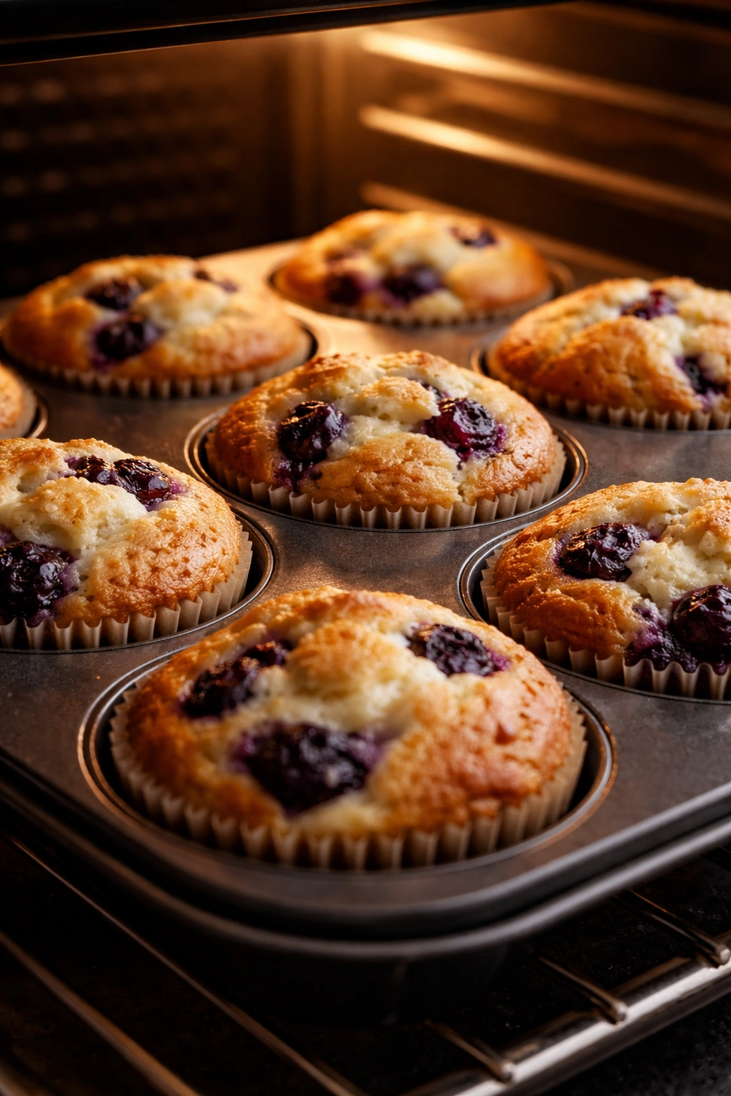 Close-up of deep golden muffin tops in a tin inside a warm oven