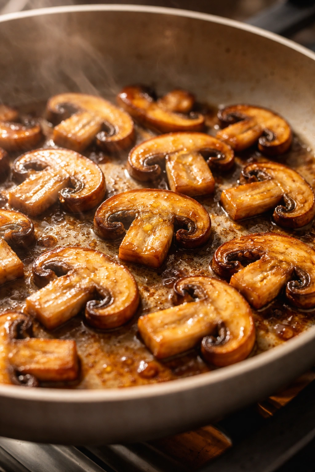 Close-up of brown, caramelized mushrooms browning in a hot pan