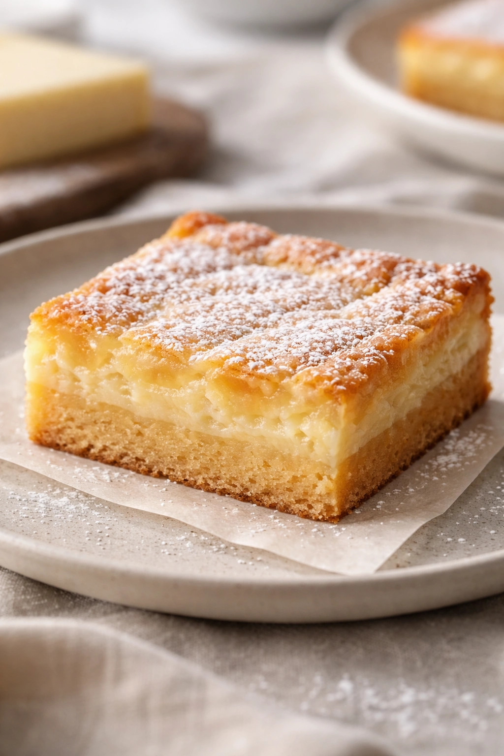 Pristine slice of St. Louis Gooey Butter Cake on a neutral surface
