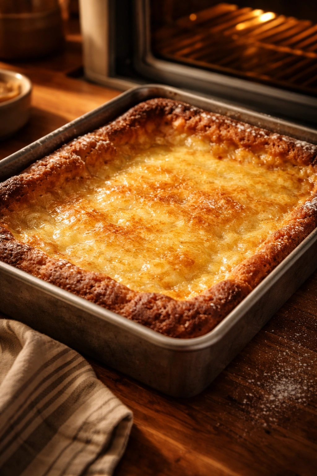 Close-up of gooey butter cake with caramelized edges and a jiggle center