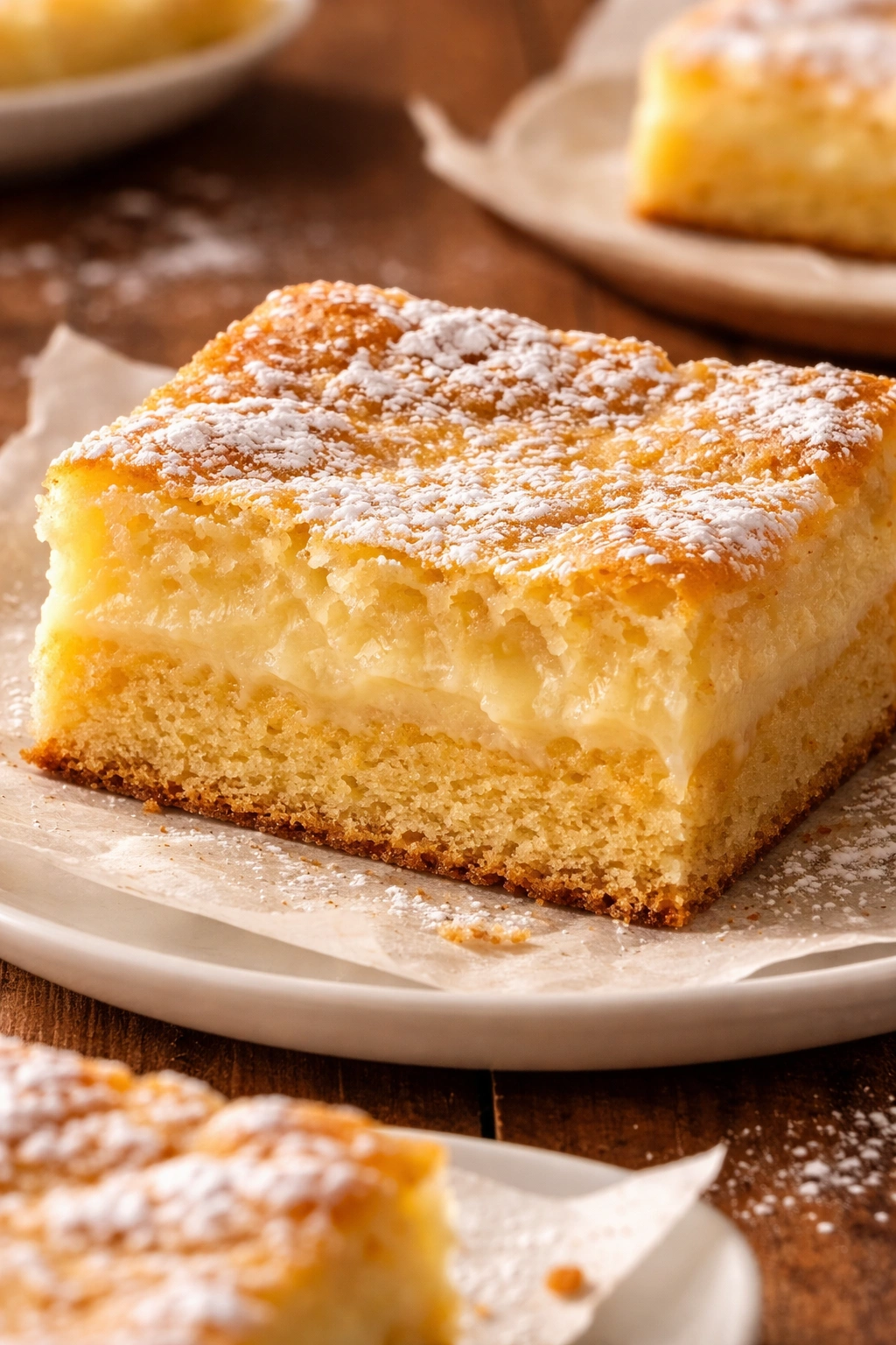 Cross-section of St. Louis Gooey Butter Cake showing layered contrast