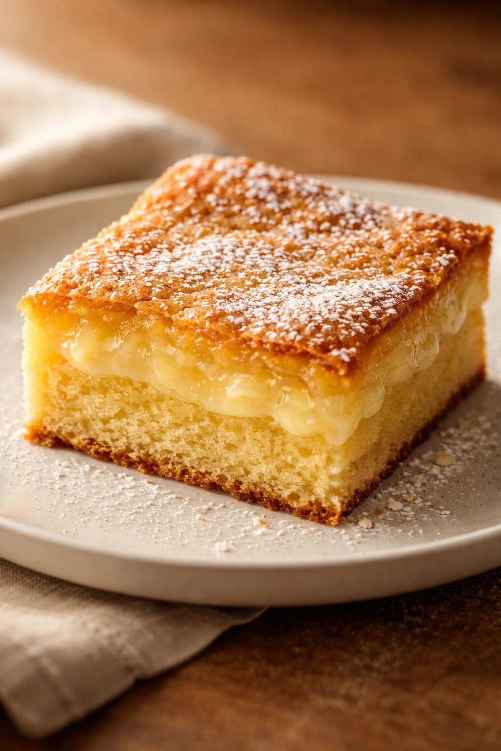 Close-up cross-section of St. Louis Gooey Butter Cake showing yellow base and gooey topping