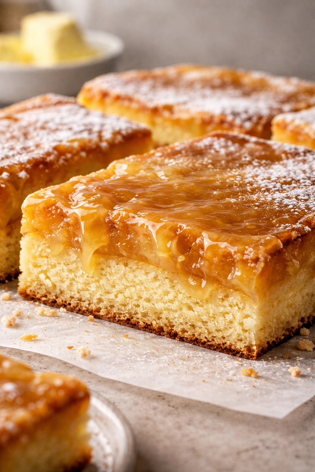 Cross-section displaying the gooey topping on St. Louis Gooey Butter Cake
