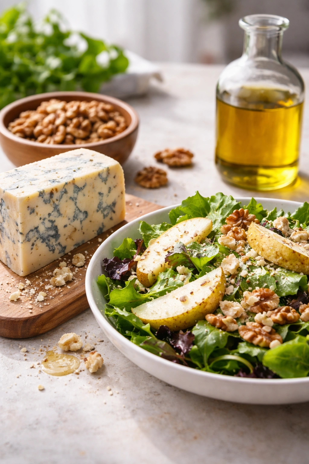 Close-up of gorgonzola cheese with walnuts and olive oil, illustrating pro tips.