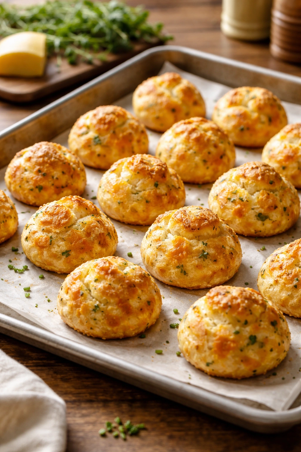 Cheddar herb gougères arranged on parchment with crisp texture
