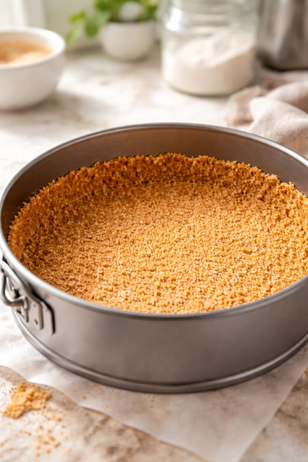 Pressed graham cracker crust in springform pan
