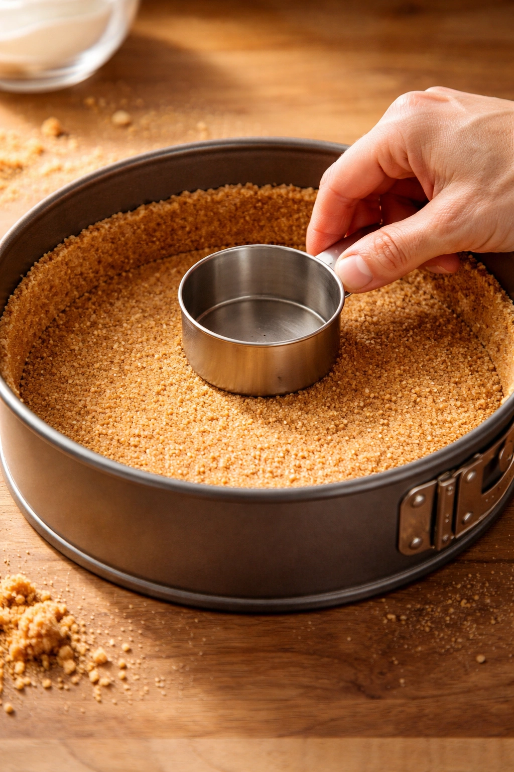 Pressed graham cracker crust in springform pan