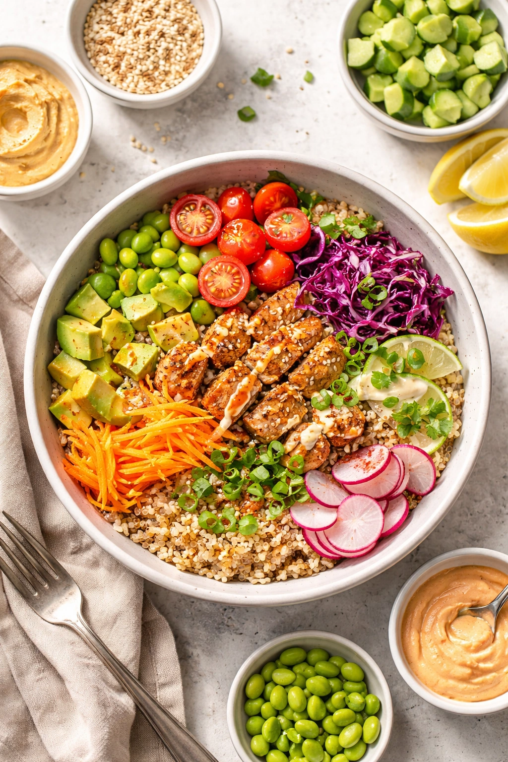 Grain bowl with rice and colorful toppings in a simple bowl