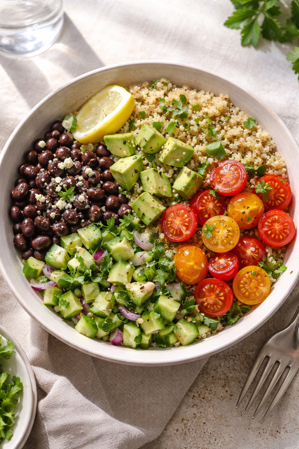Colorful grain bowl with beans, avocado, and vegetables.