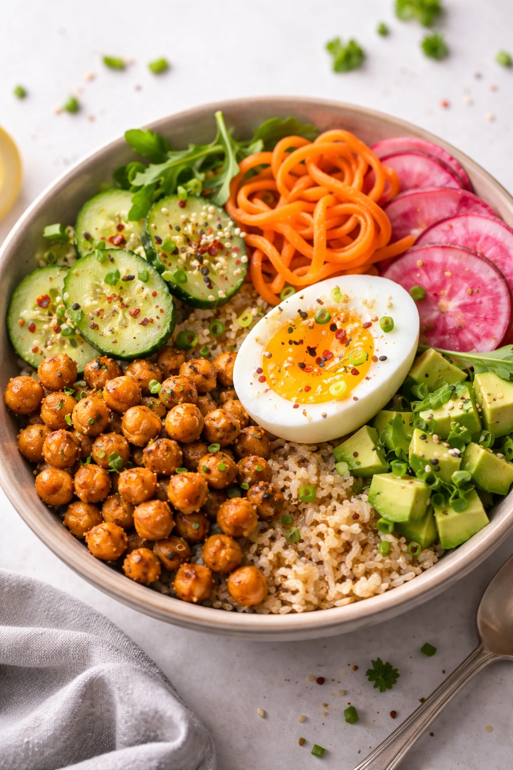 Colorful grain bowl with roasted chickpeas, soft-cooked egg, and pickled vegetables