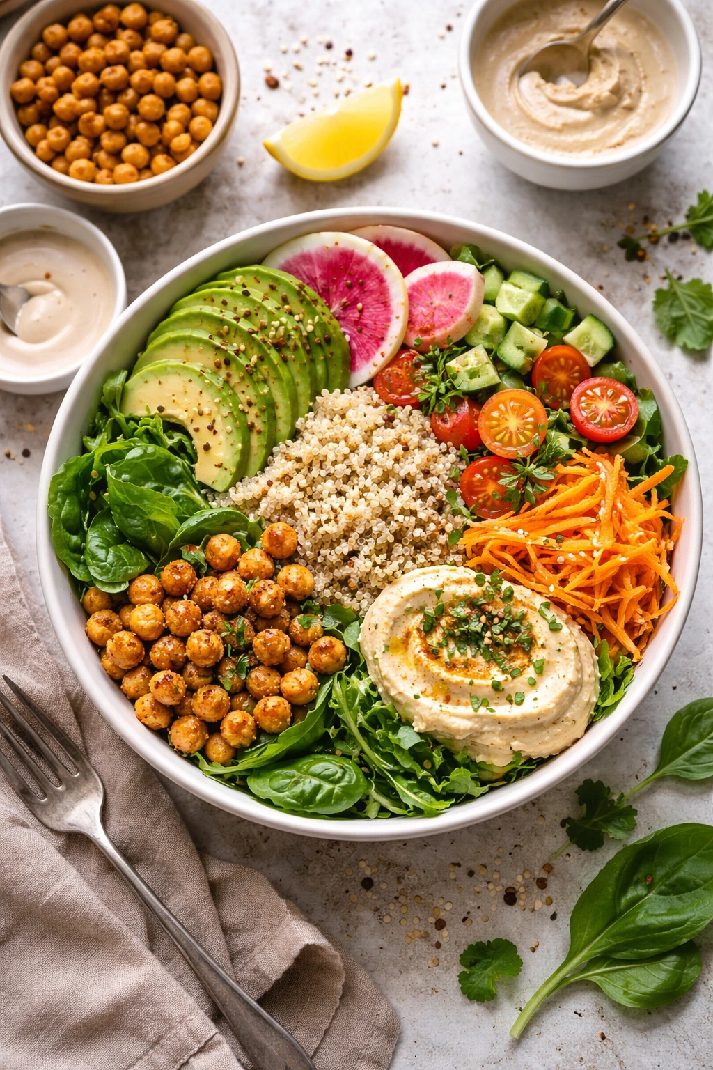 Completed grain bowl showing base, greens, and protein in a balanced arrangement.