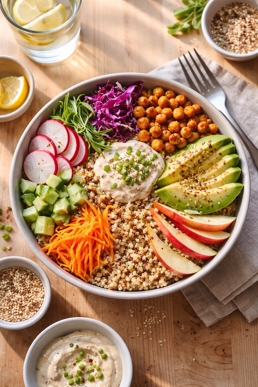 Close-up of a grain bowl with quinoa, farro, crisp vegetables and apples showing texture