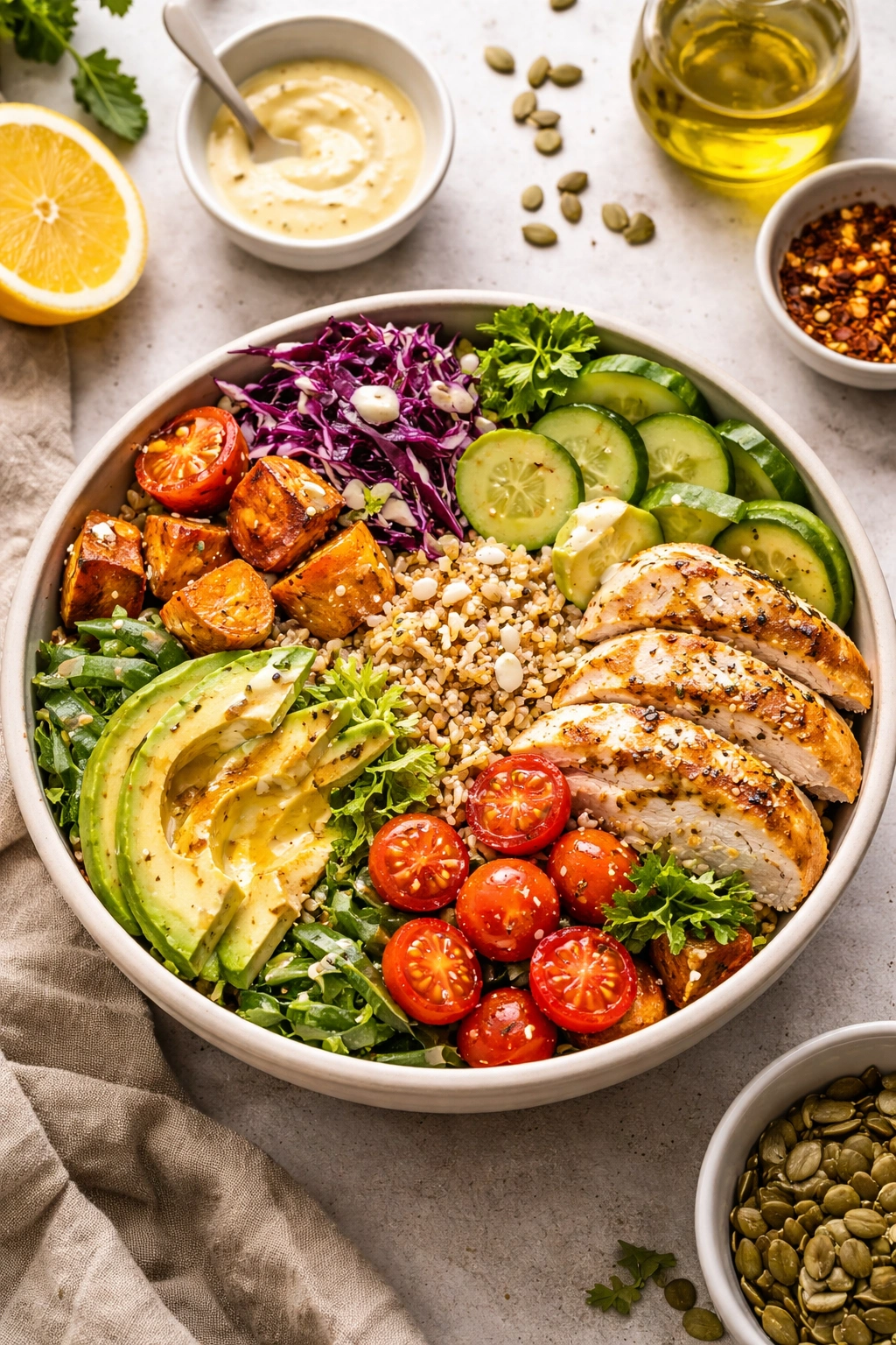 Grain bowl showing balanced dressing and crisp vegetables