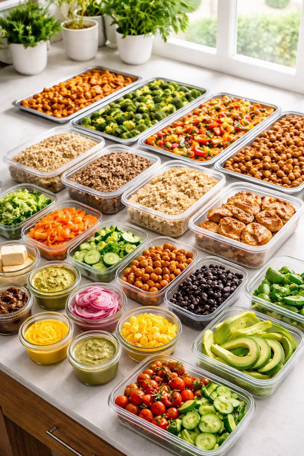 Batch-prepped grain bowls with grains, vegetables, and proteins