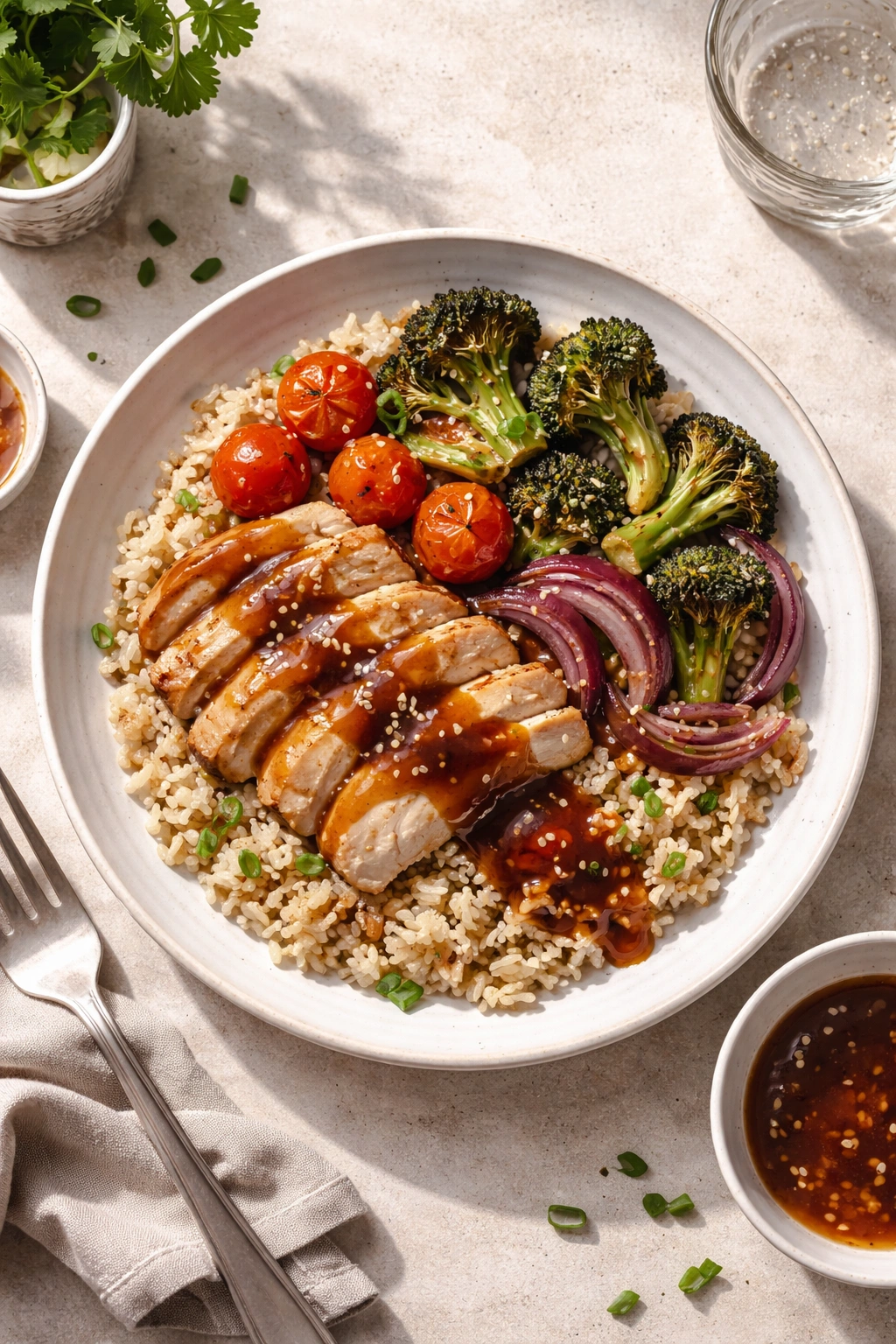 Plate with grain, protein, vegetables and sauce illustrating quick dinner formula