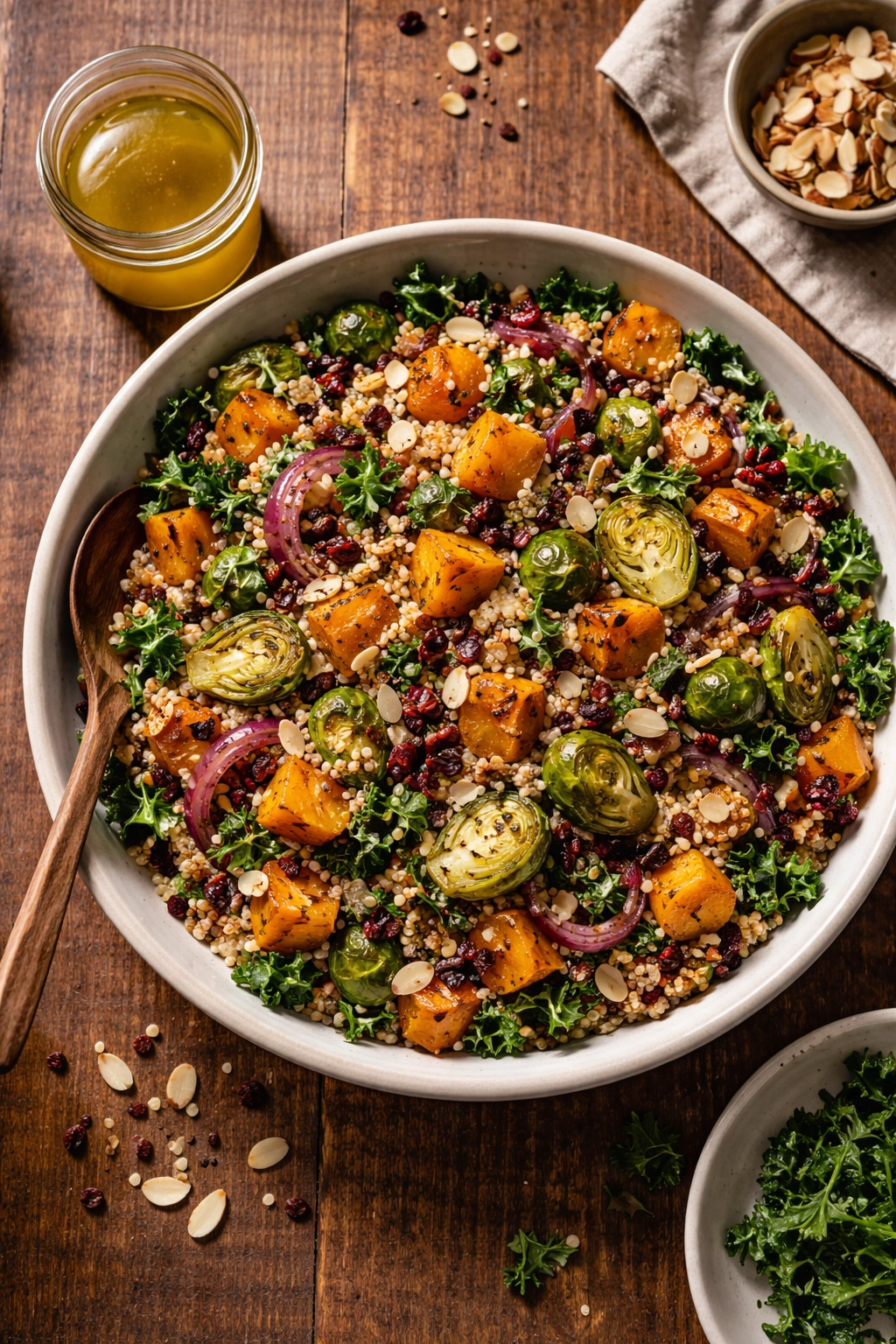 Grain salad with roasted fall vegetables in a bowl on wood