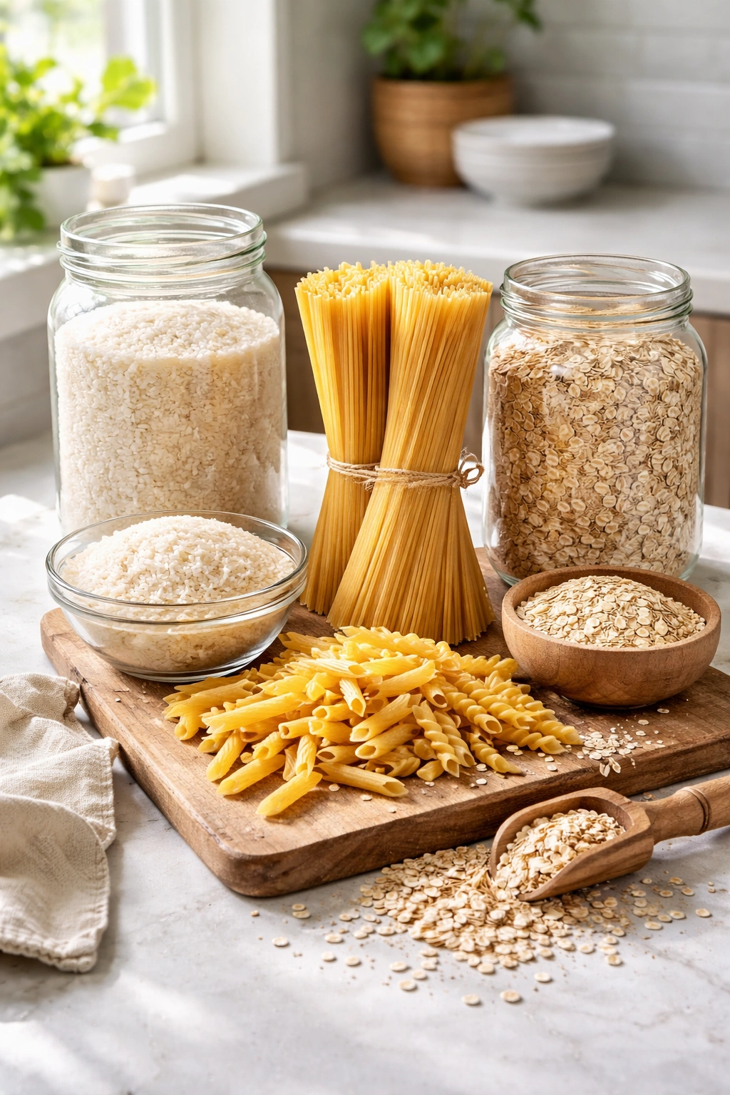 White rice, pasta, and oats displayed on a kitchen counter
