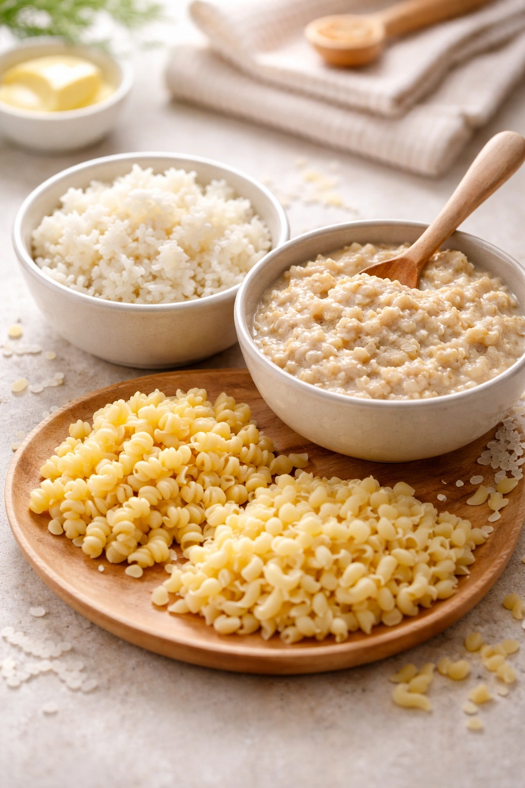 Soft rice clumps, oats, and small pasta shapes prepared for BLW on a light surface
