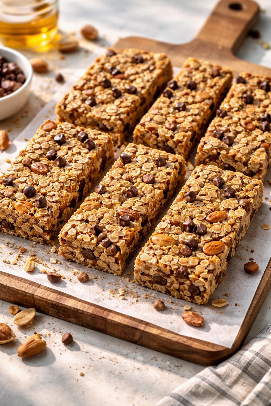 Homemade granola bars on a cutting board