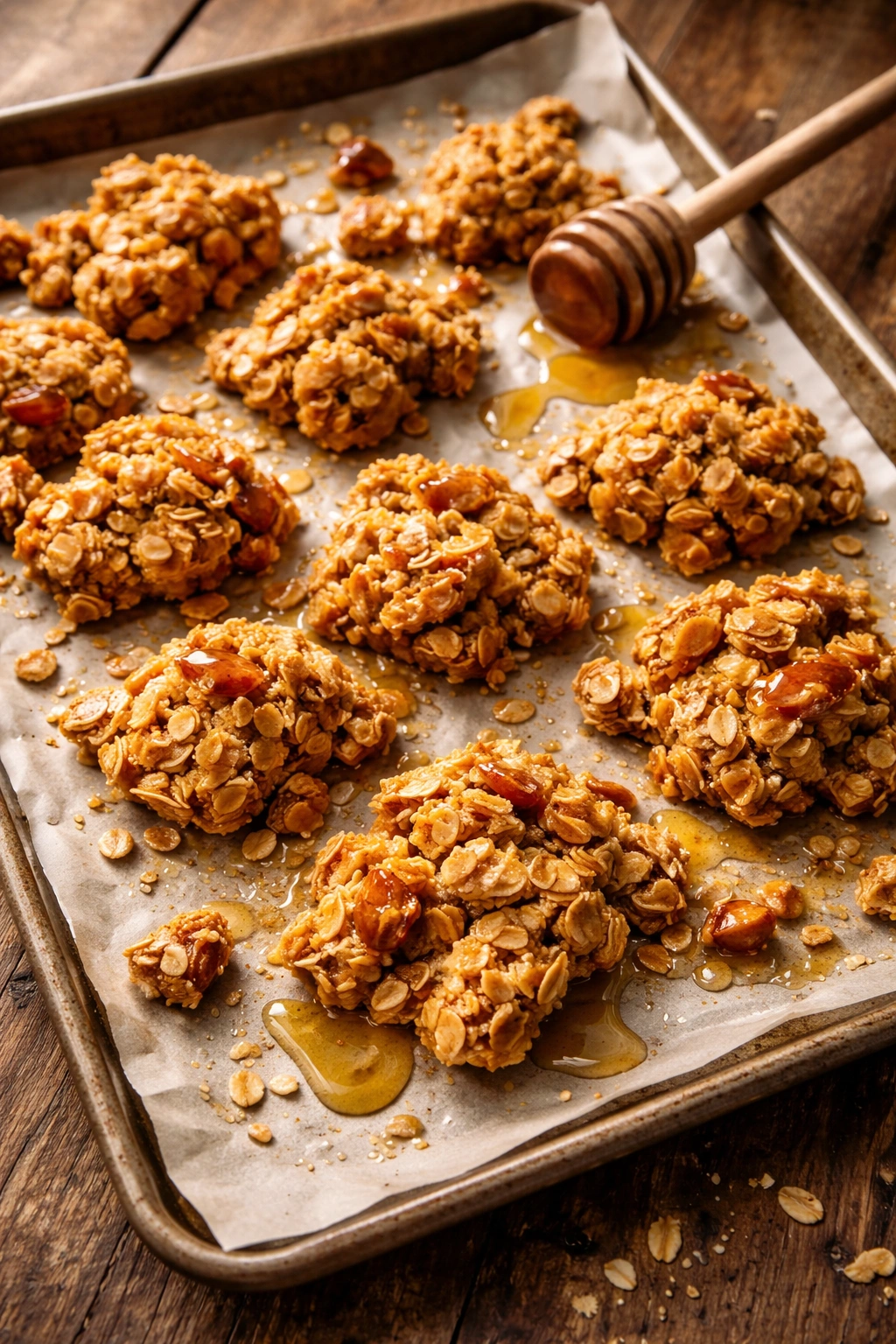 Granola clusters with honey drizzle on parchment