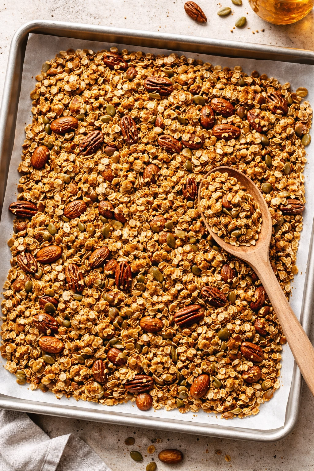 Golden granola on parchment ready from the oven