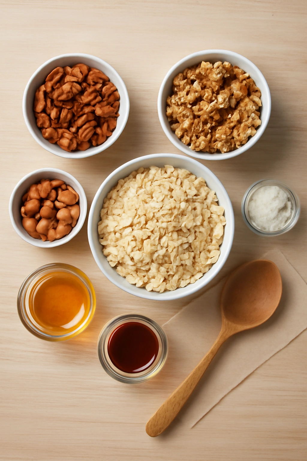 Top-down view of granola ingredients arranged on a wooden surface with bowls of oats nuts coconut and honey