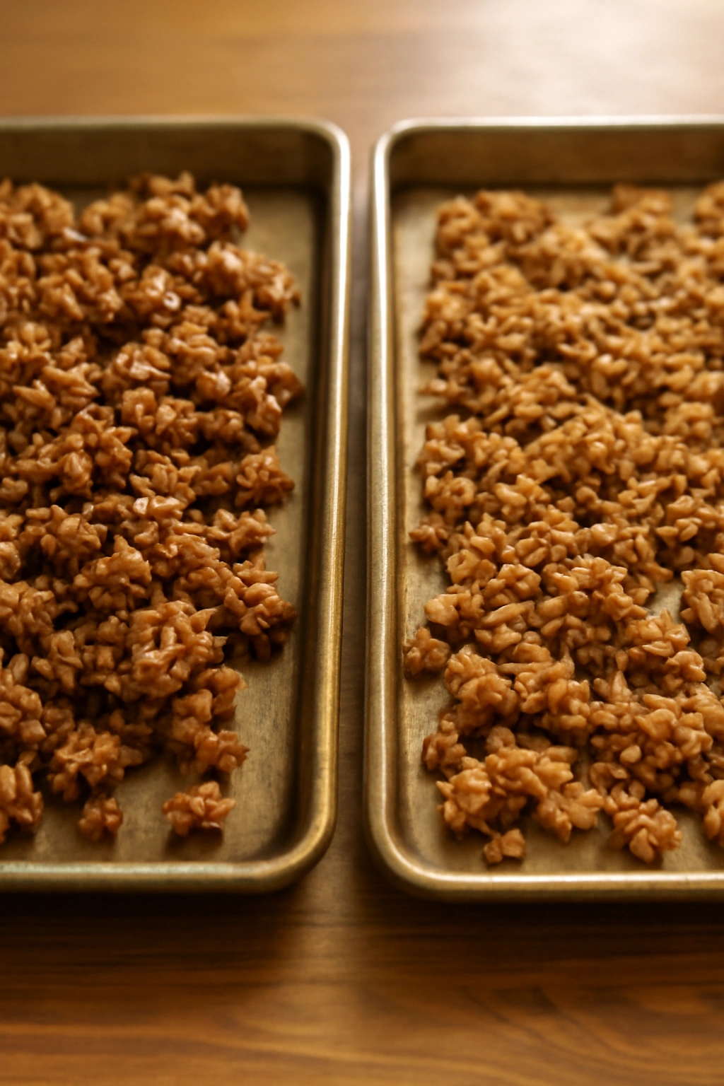 Two baking sheets showing clumpy granola vs evenly spread granola textures