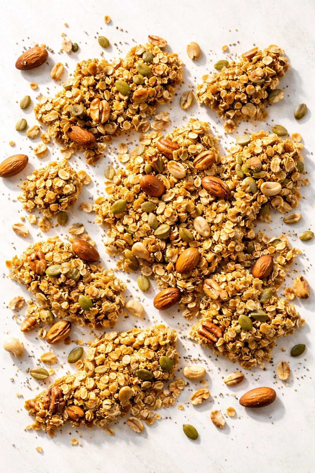 Granola clusters scattered on a clean surface