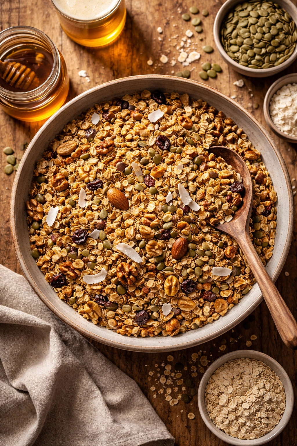Homemade granola mix with oats nuts seeds on a wooden surface