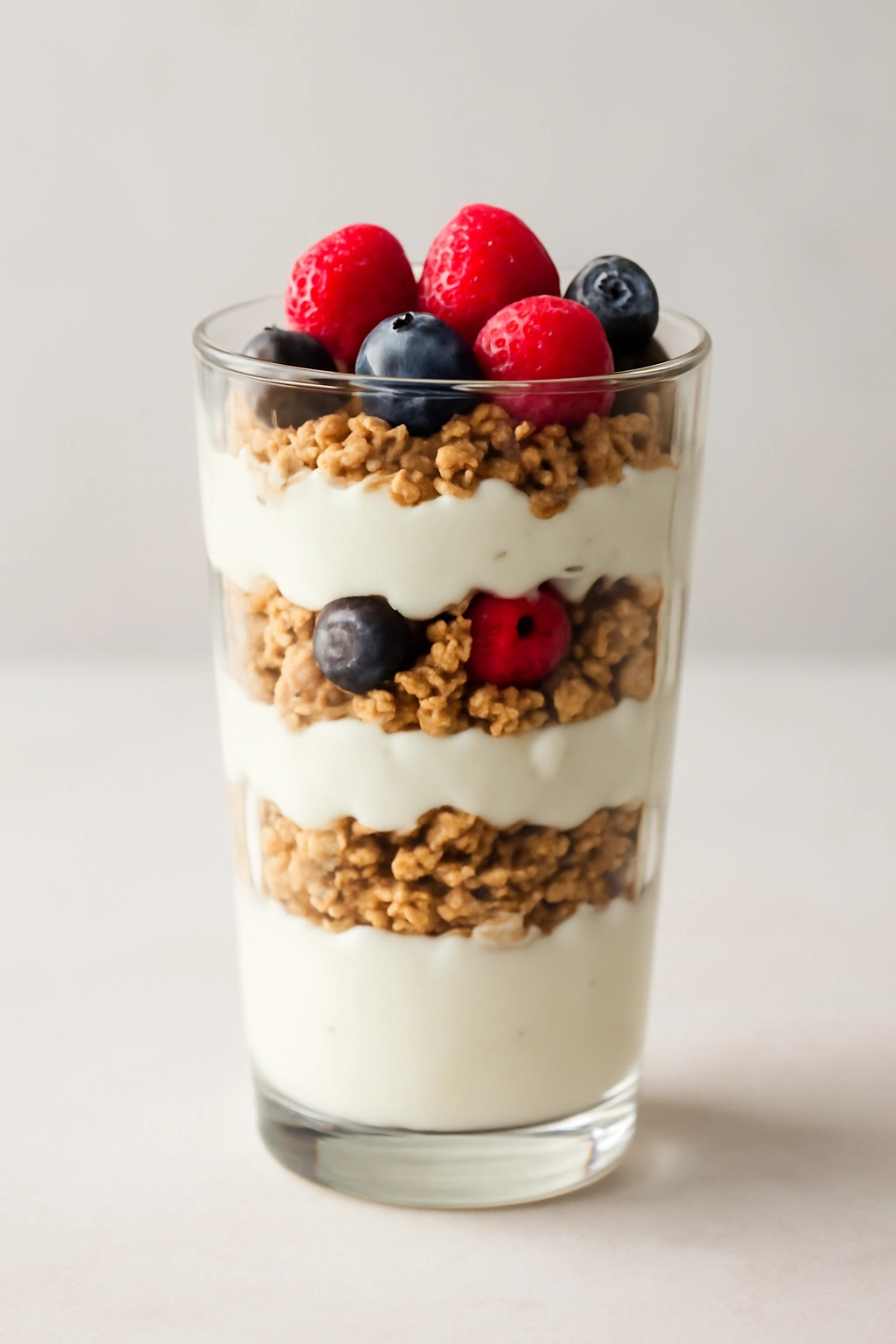 Parfait glass with layers of yogurt, granola, and berries ready to serve