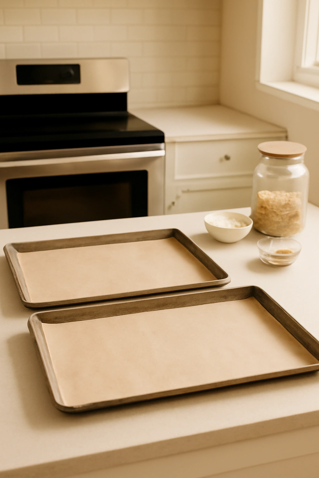 Two parchment-lined baking sheets ready for granola on a clean kitchen counter