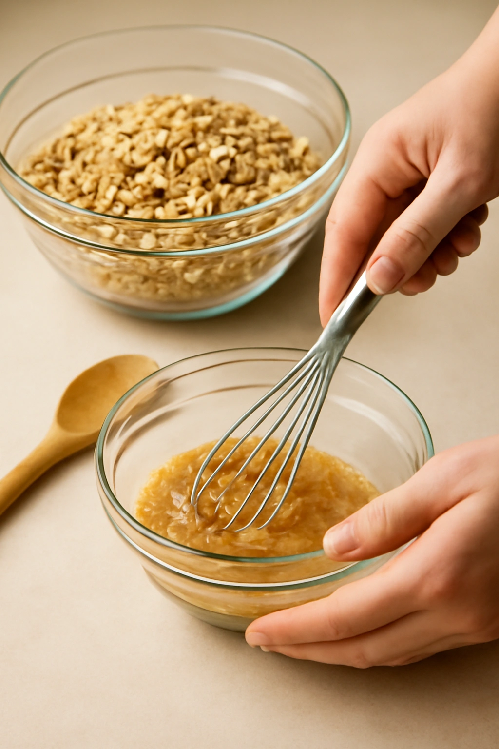 Whisking wet mixture next to dry ingredients in two bowls on a kitchen counter