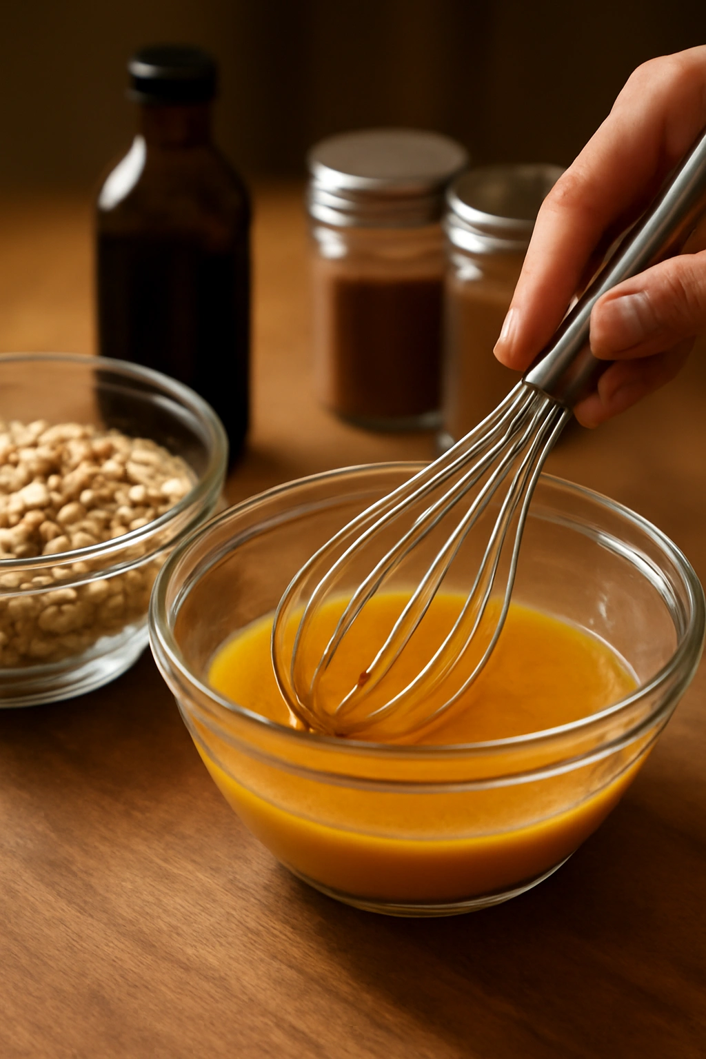 Hands whisking wet mixture in a glass bowl with dry oats and nuts nearby in a warm kitchen