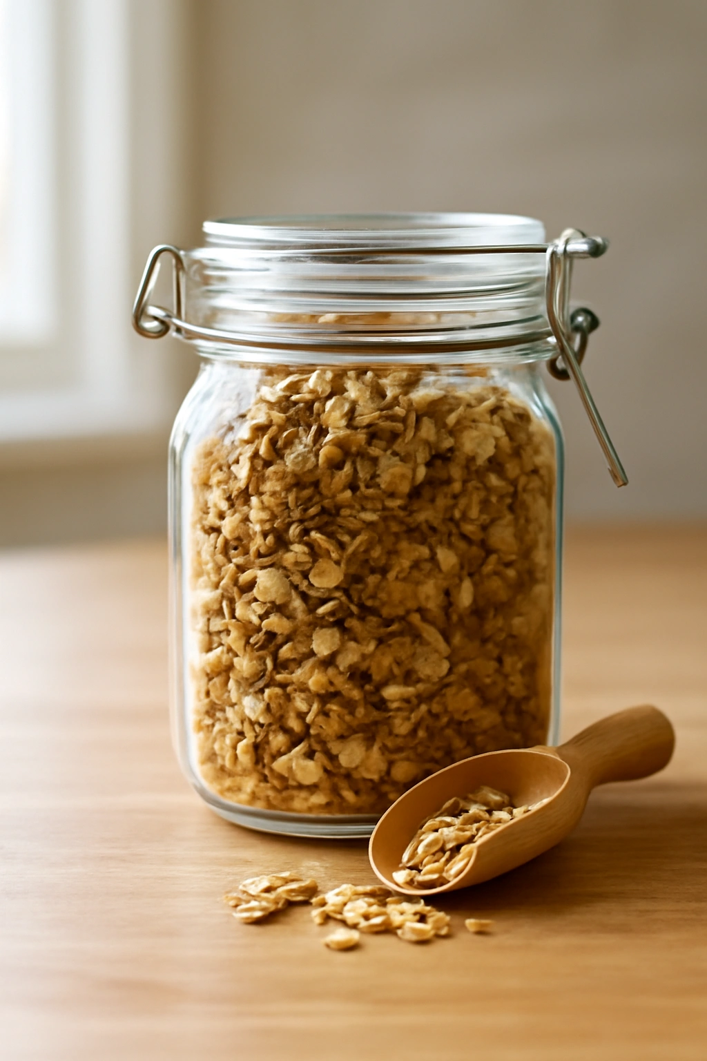 Airtight glass jar filled with granola on a wooden counter showing storage