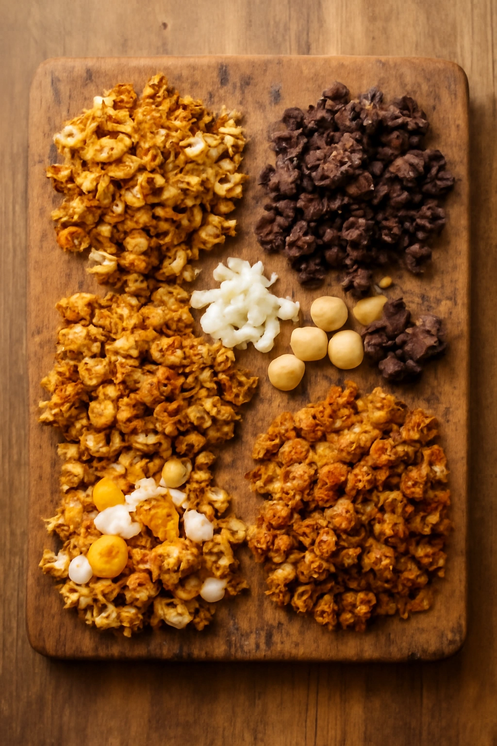 Close-up of granola with mixed tropical mix-ins on a rustic wooden board, showing texture
