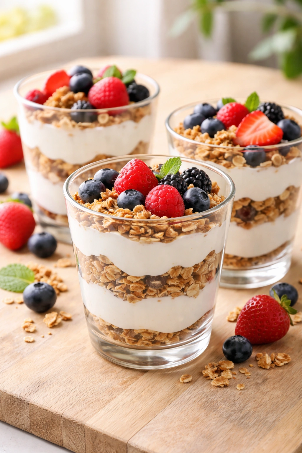 Clear glass with layered yogurt and granola topped with berries in a sunny kitchen