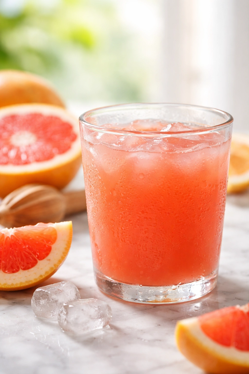 Glass of fresh pink grapefruit juice with condensation