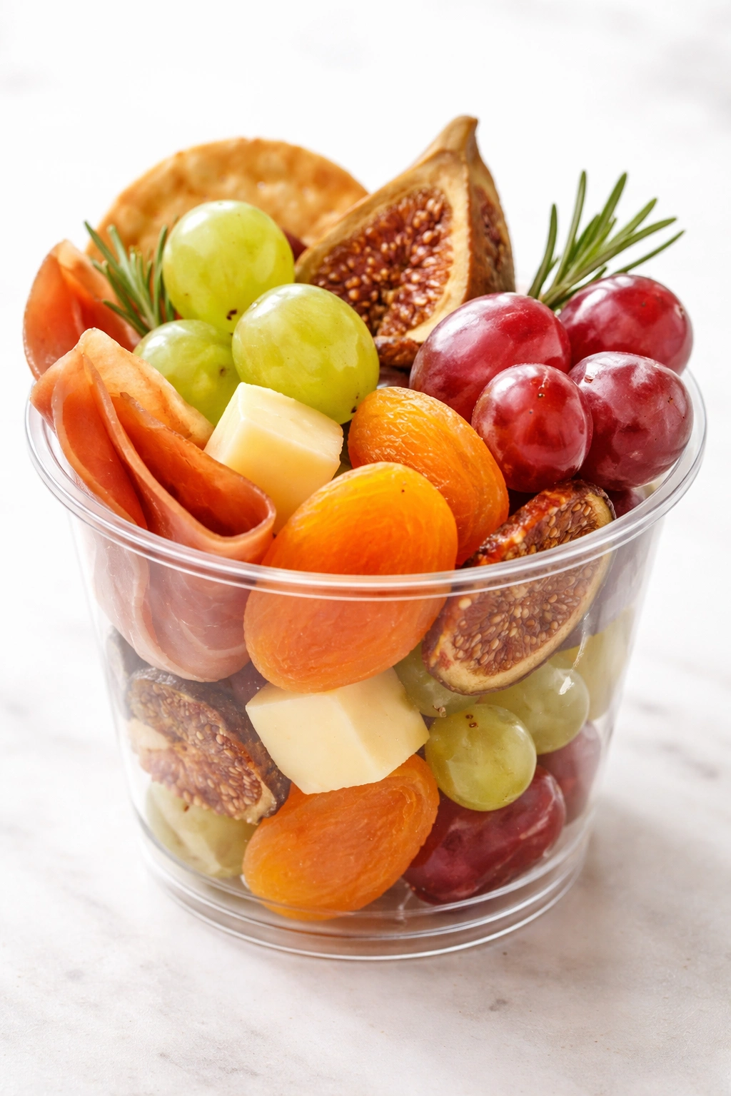 Charcuterie cup with dried fruits and grapes for balance